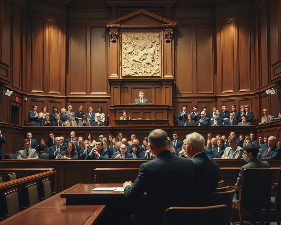 O interior de um tribunal banhado por uma luz solene e autoritária. A bancada do juiz se eleva, chamando a atenção, com um imponente cenário esculpido emoldurando a cena. Em primeiro plano, uma mesa é ocupada por advogados, com expressões atentas enquanto discutem o caso. A plateia, cheia de expectativa, estende-se atrás deles, com os bancos de madeira criando uma sensação de formalidade. A atmosfera é de seriedade e processo judicial, enquanto o destino do caso está em jogo.